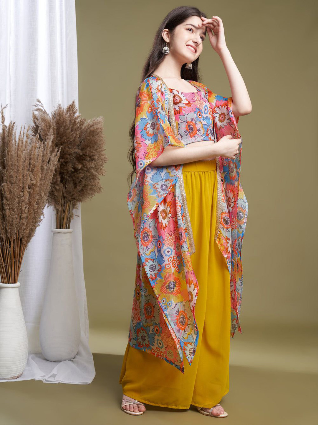 Dhvrafashion Girls Printed Poly Georgette Top With Palazzos