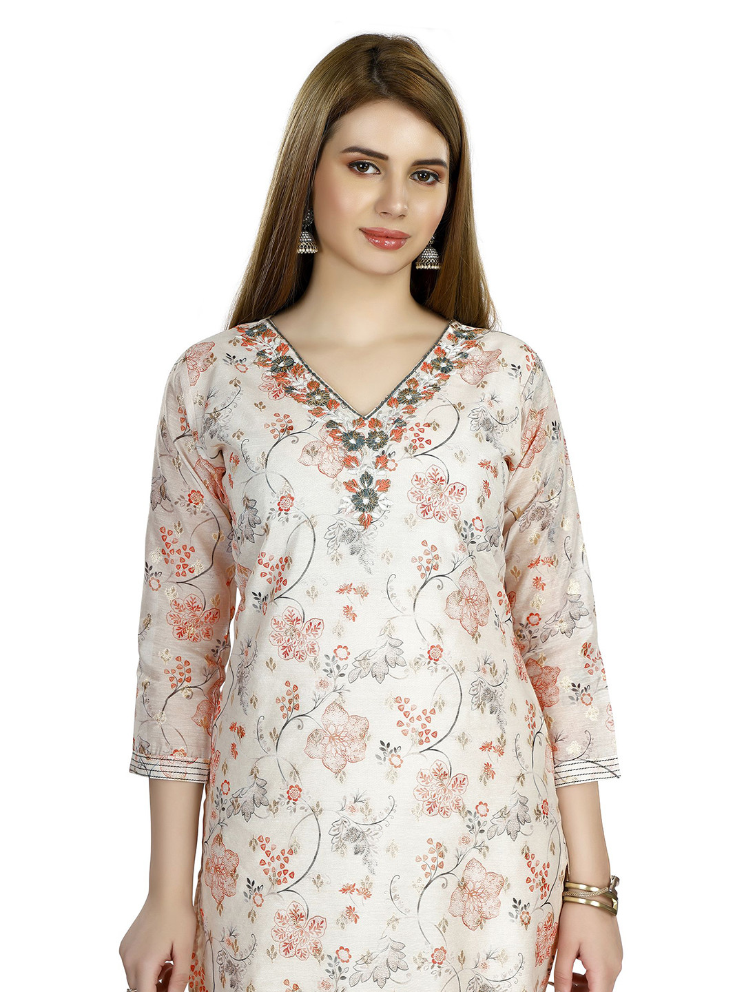 IRIS WOMEN Floral Printed V-Neck Thread Work Chanderi Silk Straight Kurta