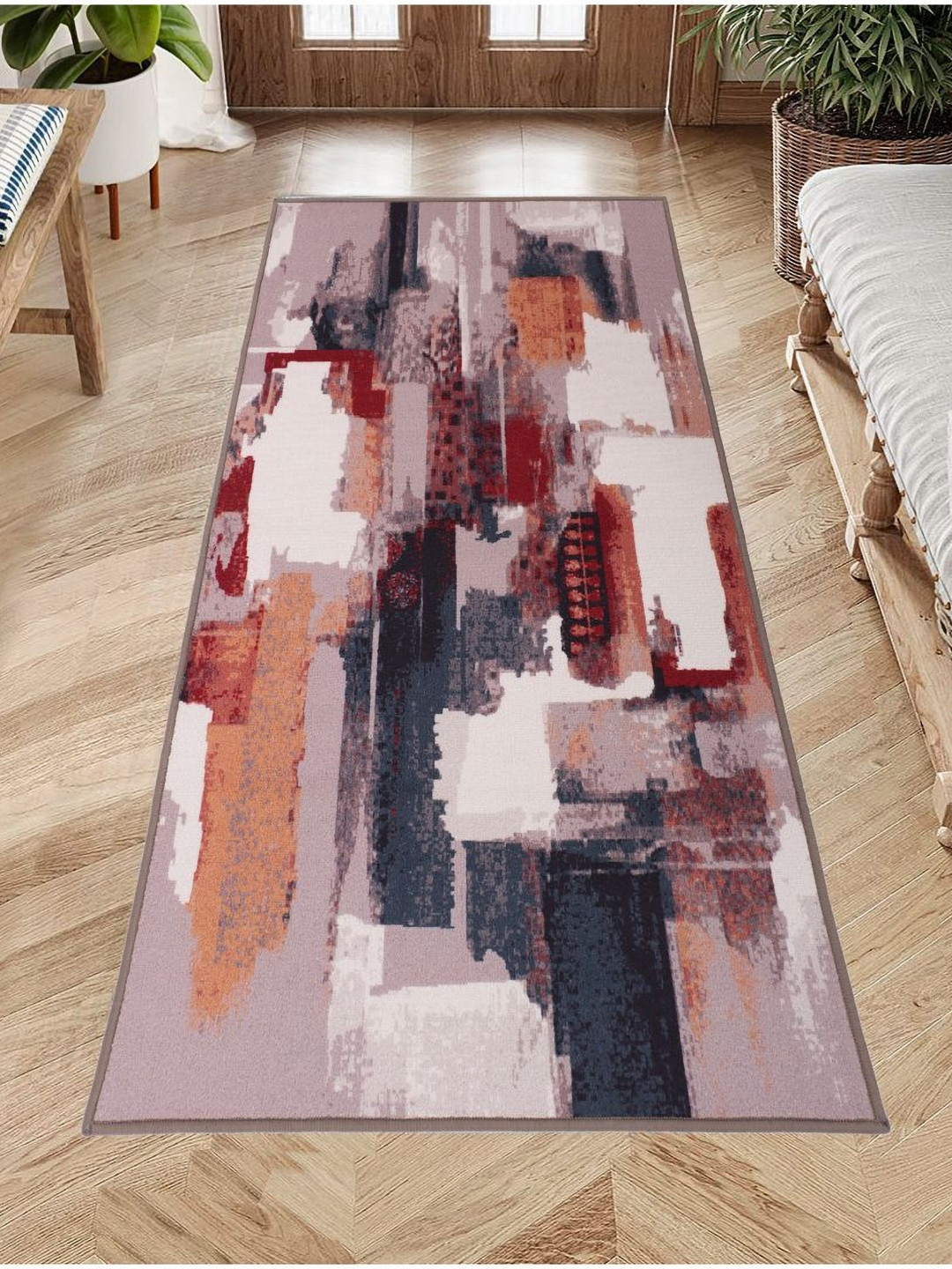 MODEFE Violet & Red Abstract Printed Anti-Skid Loop Pile Floor Runner
