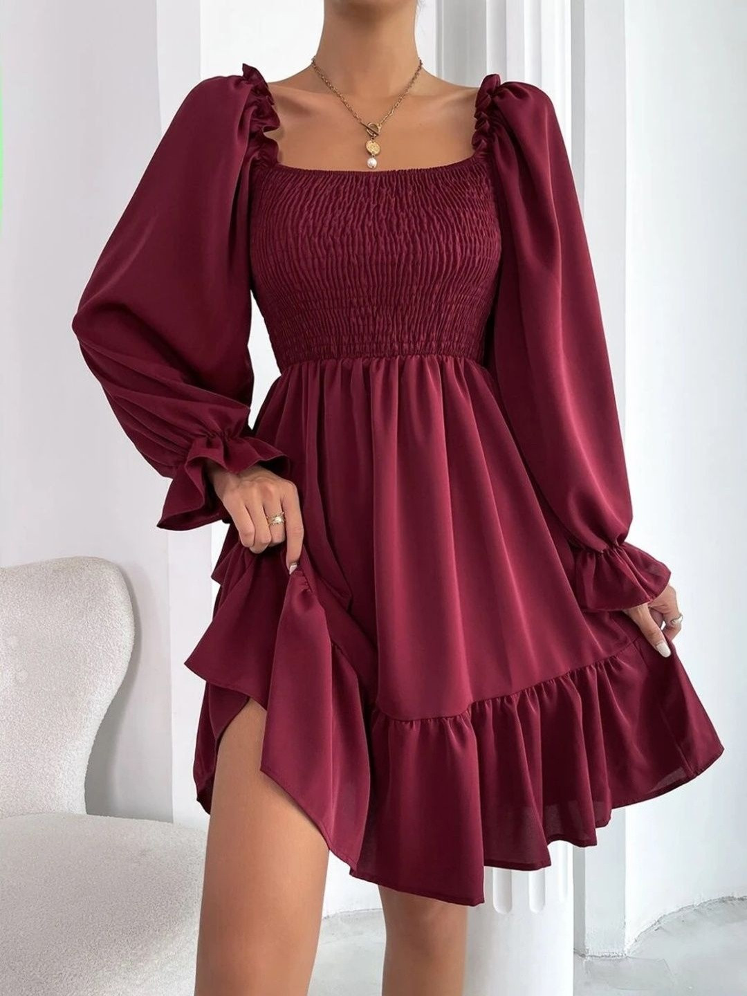 X FASHION GALLRY Women Square Neck Puff Sleeve Smoked Fit & Flare Dress