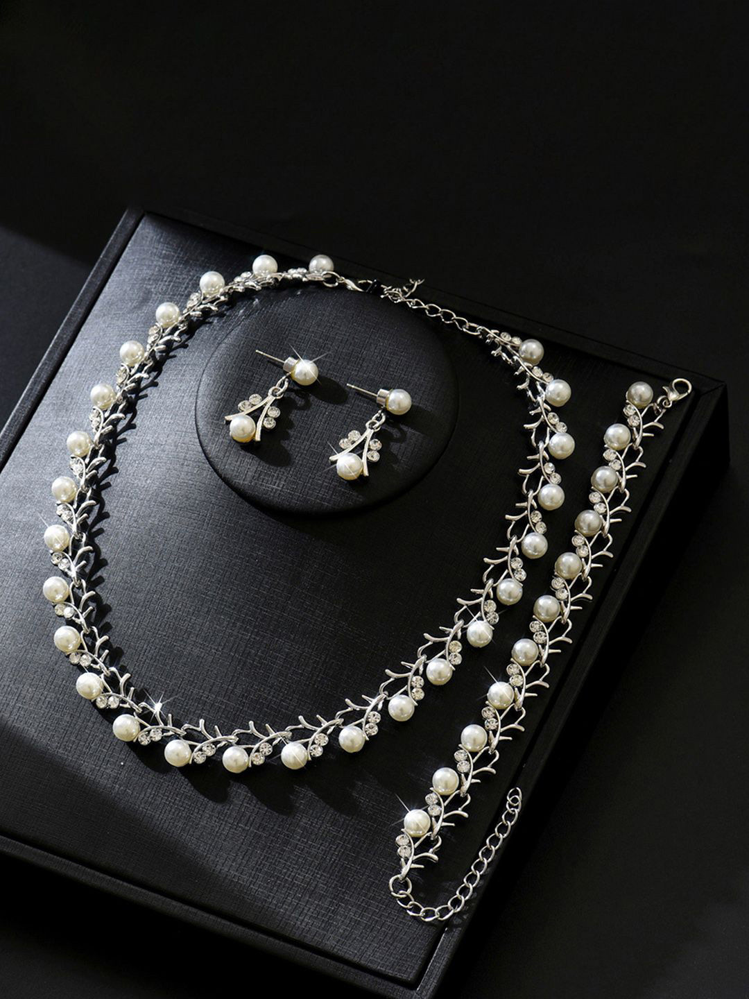 Peora Silver Plated Pearls & Crystal Studded Necklace With Bracelet & Drop Earrings