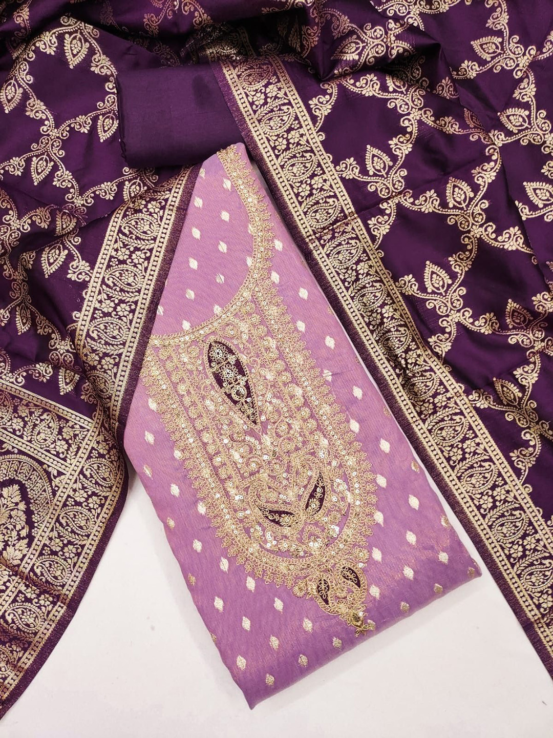 LeeliPeeri Designer Embroidered Silk Jacquard With Codding Work Unstitched Dress Material