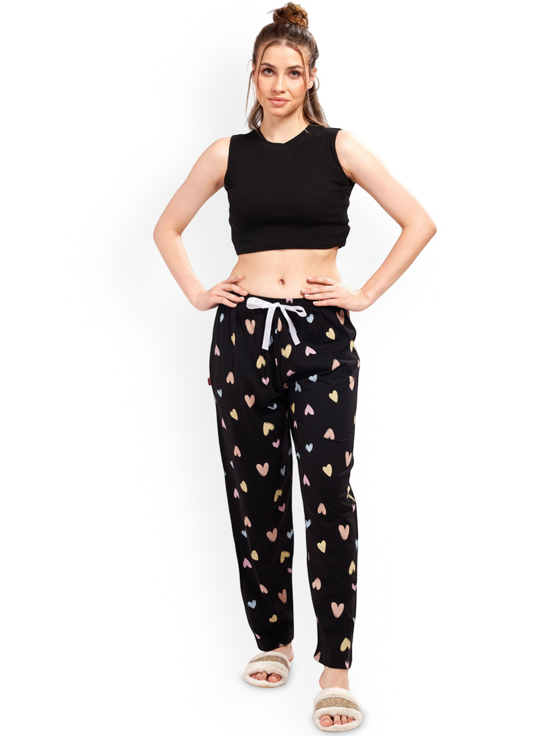WEET Women Heart Printed Cotton Mid-Rise Lounge Pants