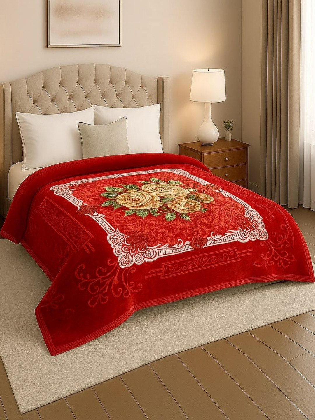 Nivasam Kreta Red & Yellow Floral Mink Mild Winter 500 GSM Double Bed Blanket