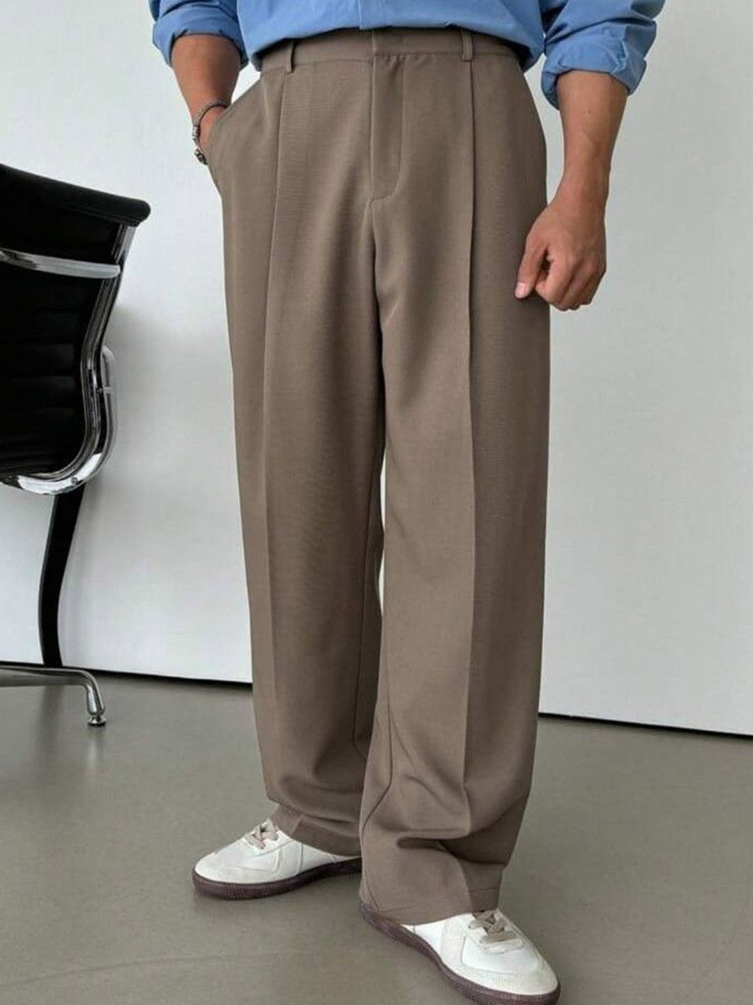 COVZ Men Relaxed Straight Leg Straight Fit Easy Wash Pleated Korean Pants