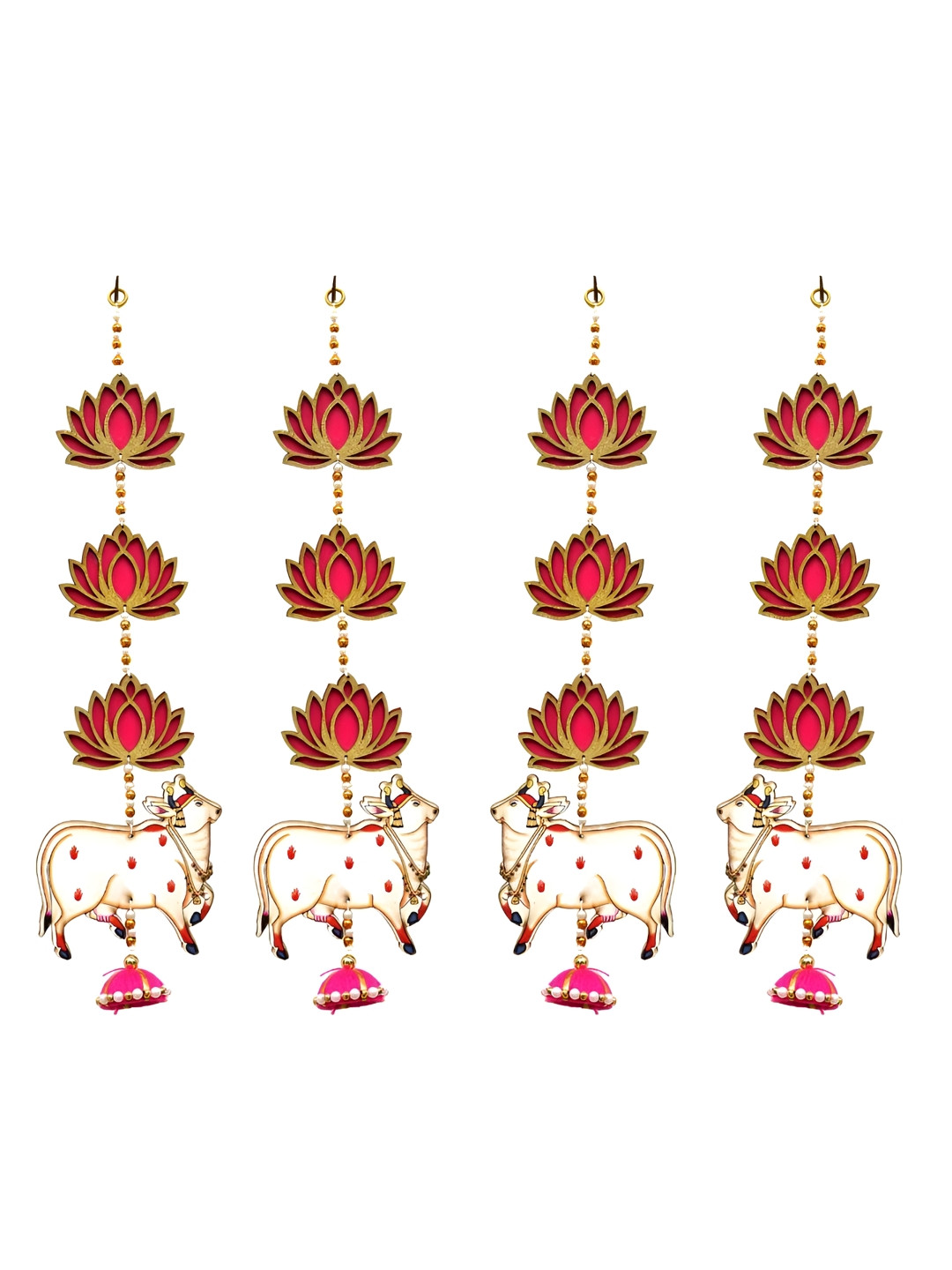 CraftVatika Pink & Yellow 4 Pieces Wooden Cow Pichwai & Golden Lotus Hanging Torans
