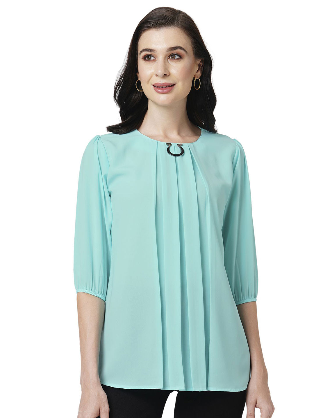 G0-4 IT Solid Pleated Puff Sleeve Regular Top