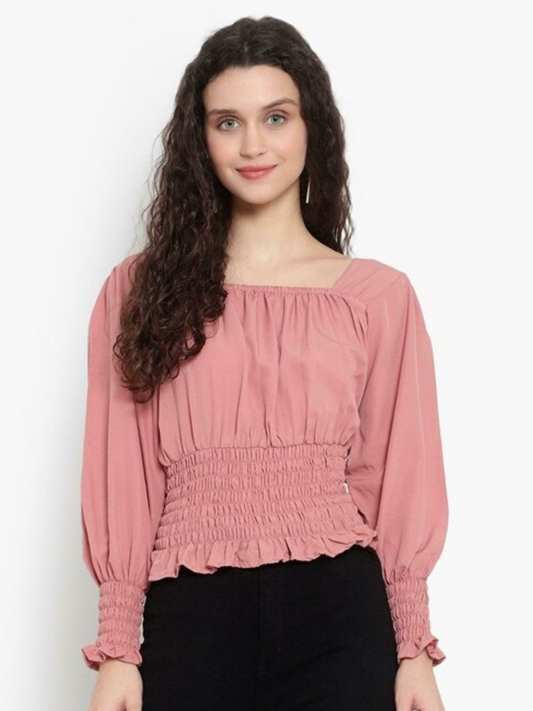 MEDHA INDUSTRIES X FASHION GALLRY Women Smocked Puff Sleeve Cinched Waist Crop Top