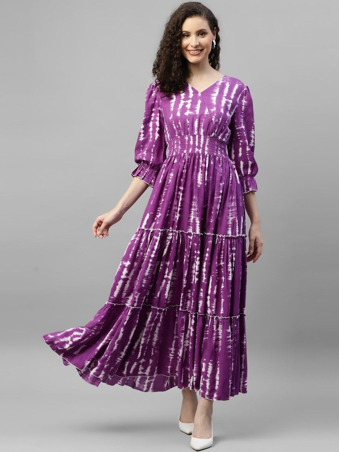 Jash Creation designer Printed V-Neck Tiered Long Dress Flared Maxi Dress for Women