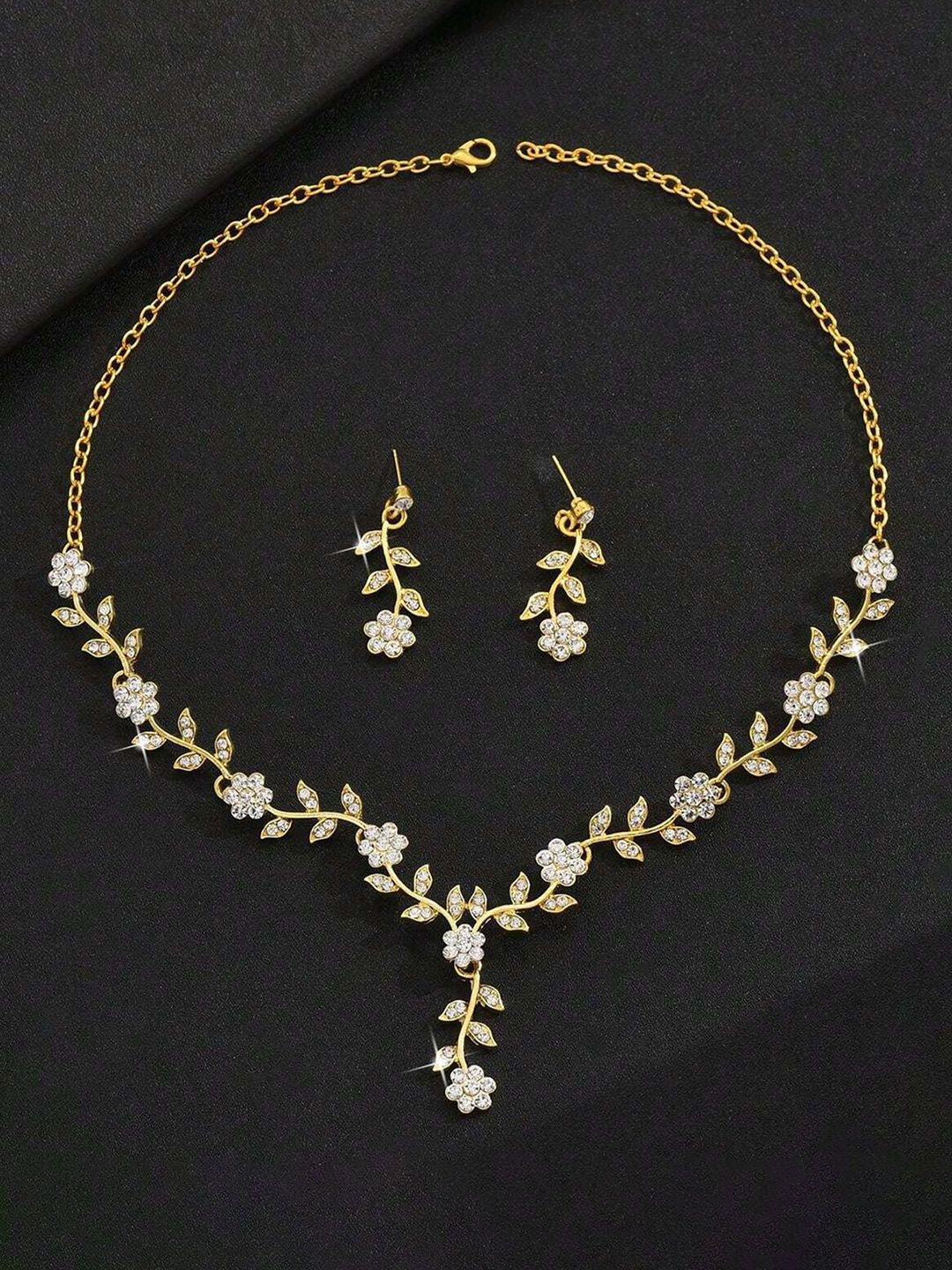 Peora Gold Plated CZ Studded Floral Leaf Style Necklace & Drop Earrings Set