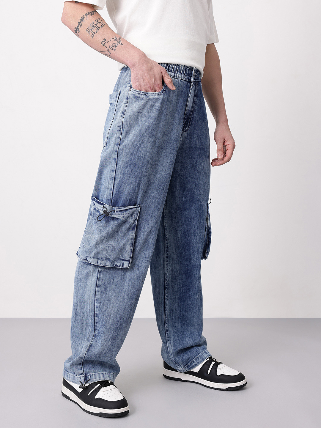 Mast & Harbour Men Loose Fit Leg Mid-Rise Cargo Style  Jeans with Toggled Leg Openings