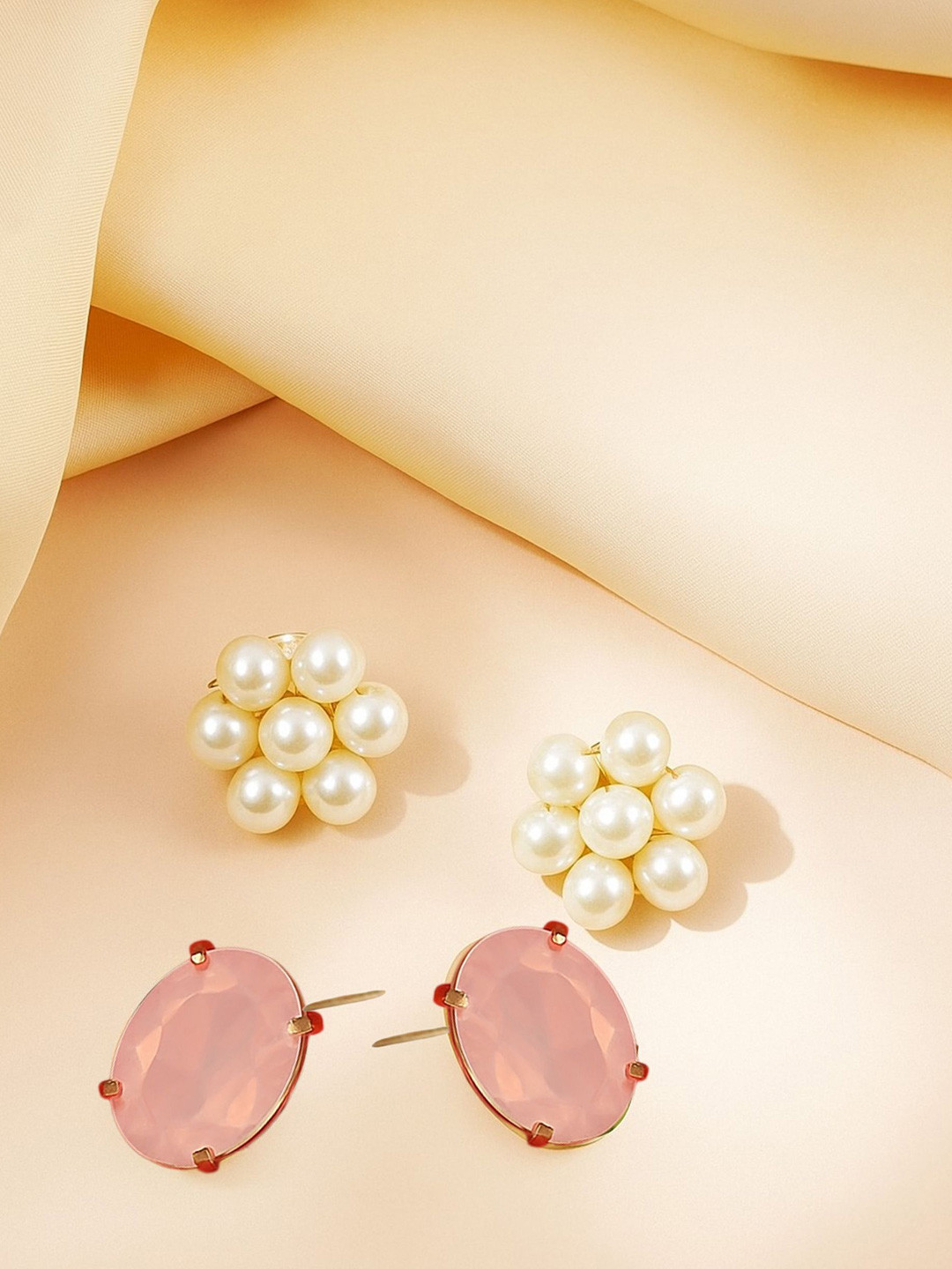ORANGENYSHA Set Of 2 Gold-Plated Crystals Studded Oval Shaped Korean Studs