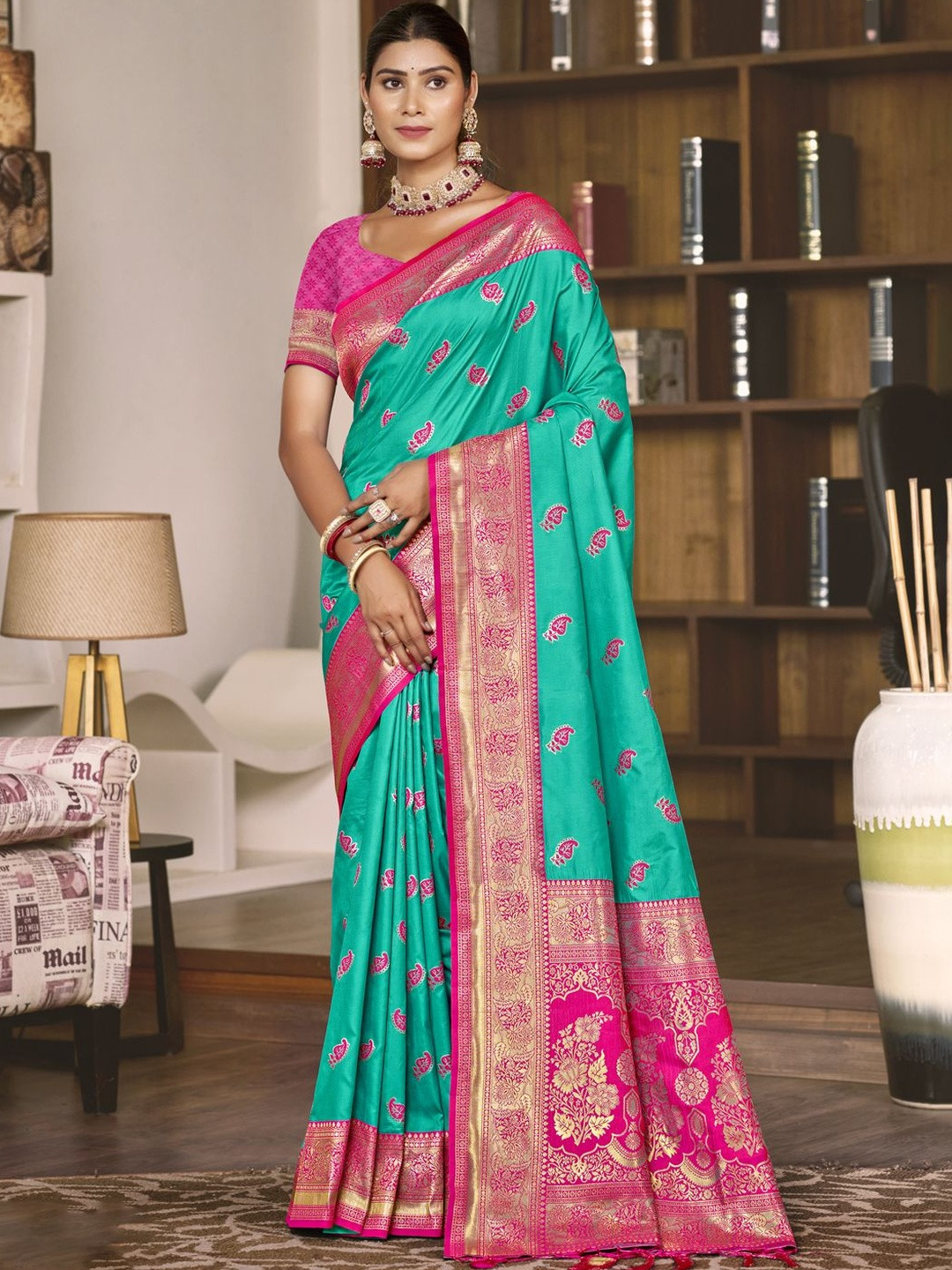 DEVATITHI Teal Green Ethnic Motif Zari Border Satin Silk Saree