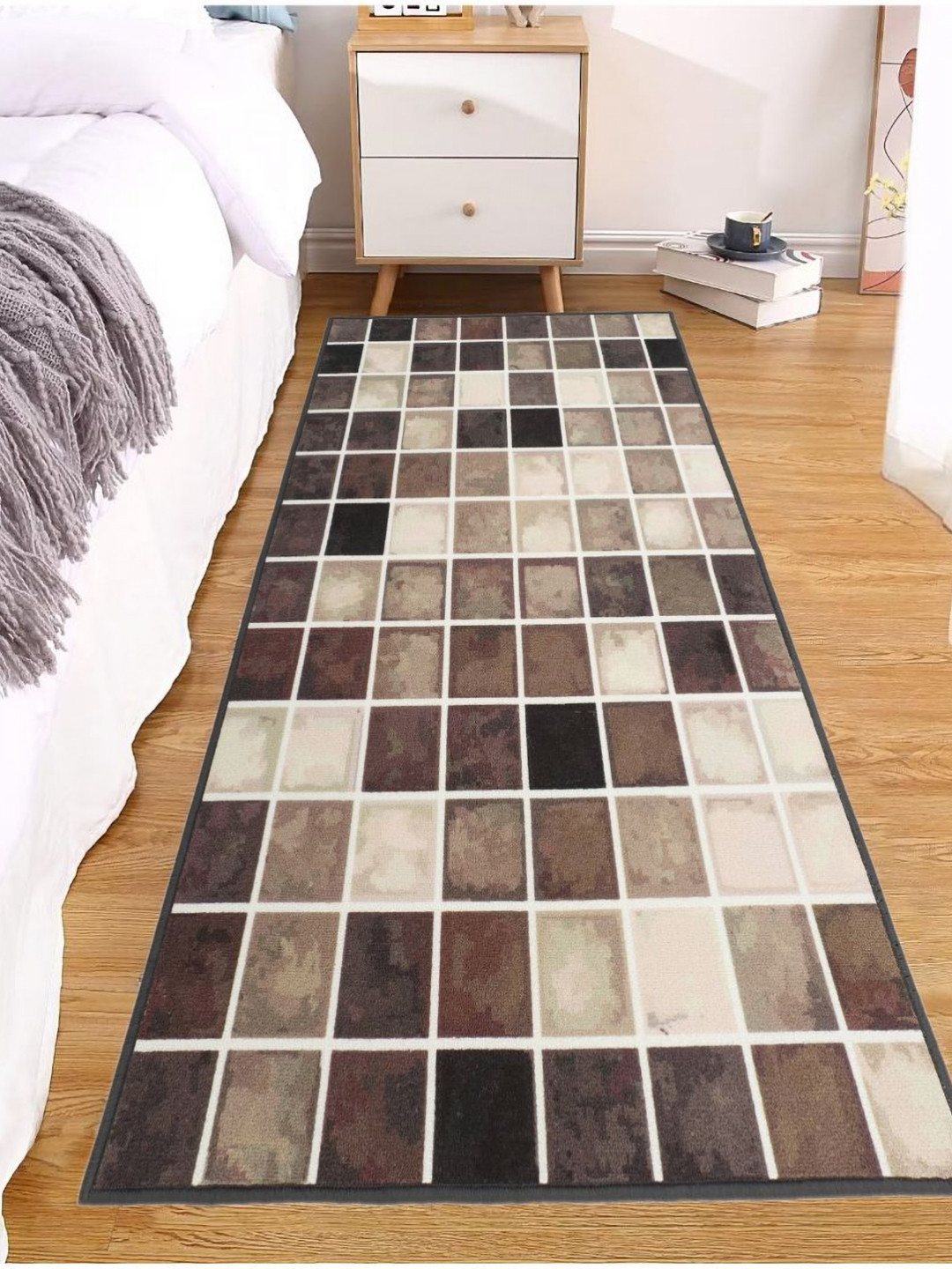 MODEFE Brown & Beige Geometric Printed Loop Pile Floor Runner