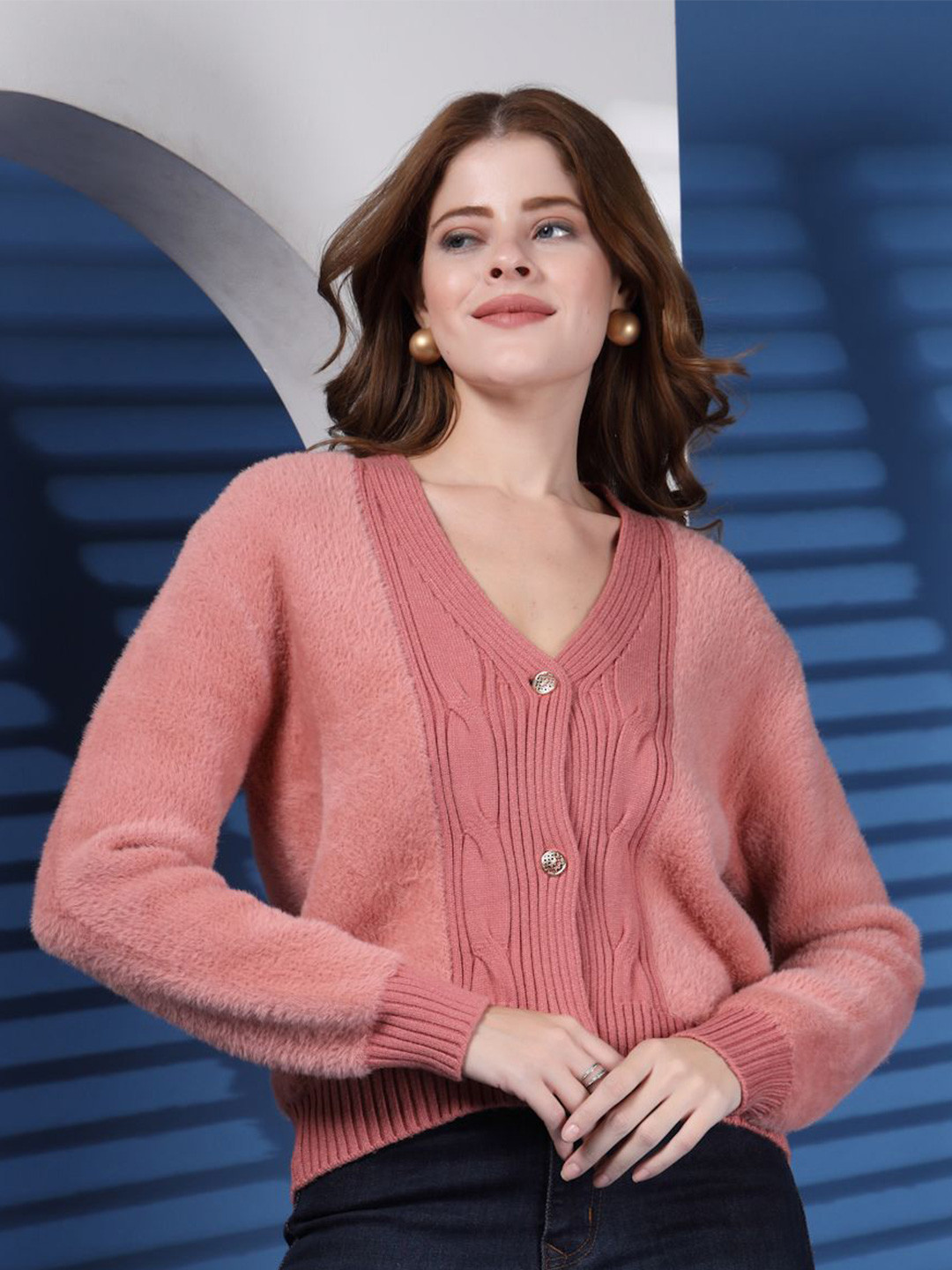 Thirty Threads Women Cable Knit Woollen Cardigan with Fuzzy Detail