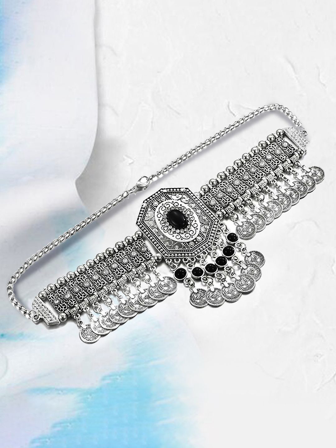 Peora Silver-Plated Crystals Studded Coin Tassel Statement Necklace