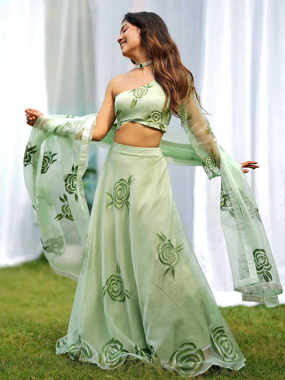 Thread & Button Printed One Shoulder Organza Ready to Wear Lehenga With Blouse & Dupatta