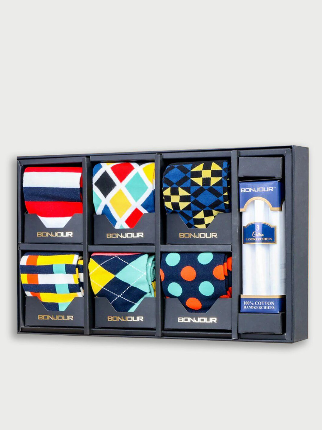 Bonjour Men Pack of 7 Socks with Handkerchief Gift Pack