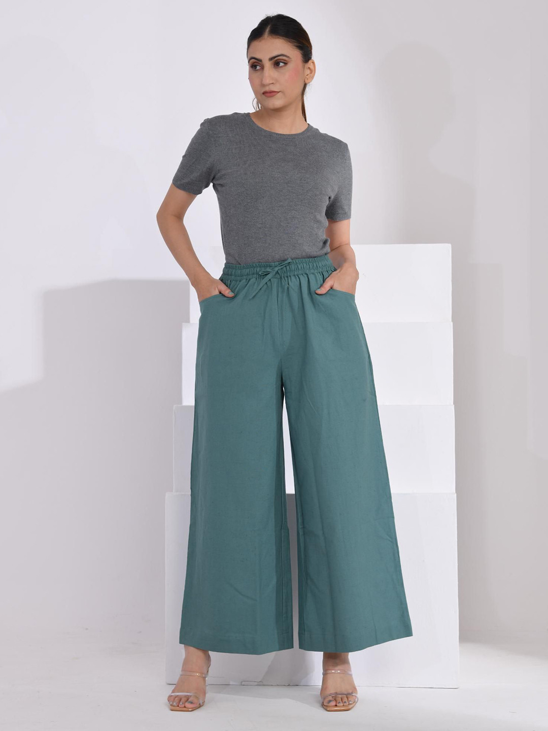 SIDDHO HUM Women Wide Leg Cotton Ethnic Palazzos