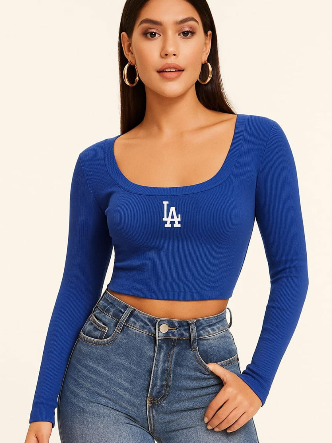 TRENDY ERA Women Blue Scoop Neck Ribbed Crop Top