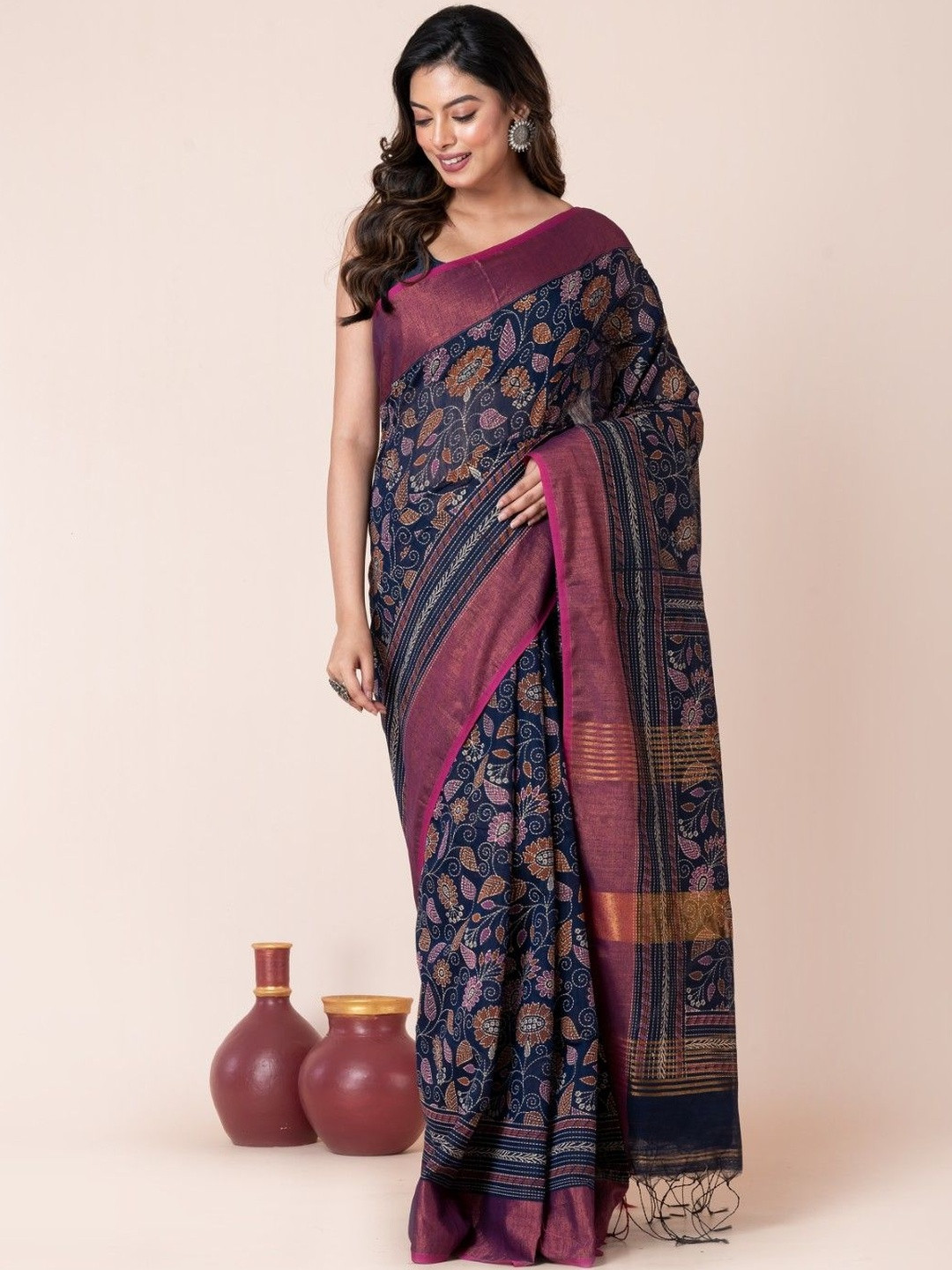 Durga Handloom Floral Kantha Print Saree