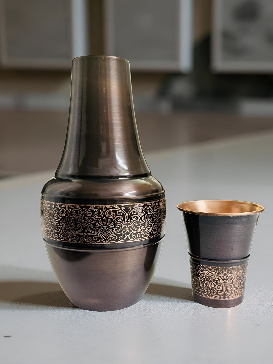 Lupaava Black Copper Floral Printed Water Bottle With Glass 1500ml