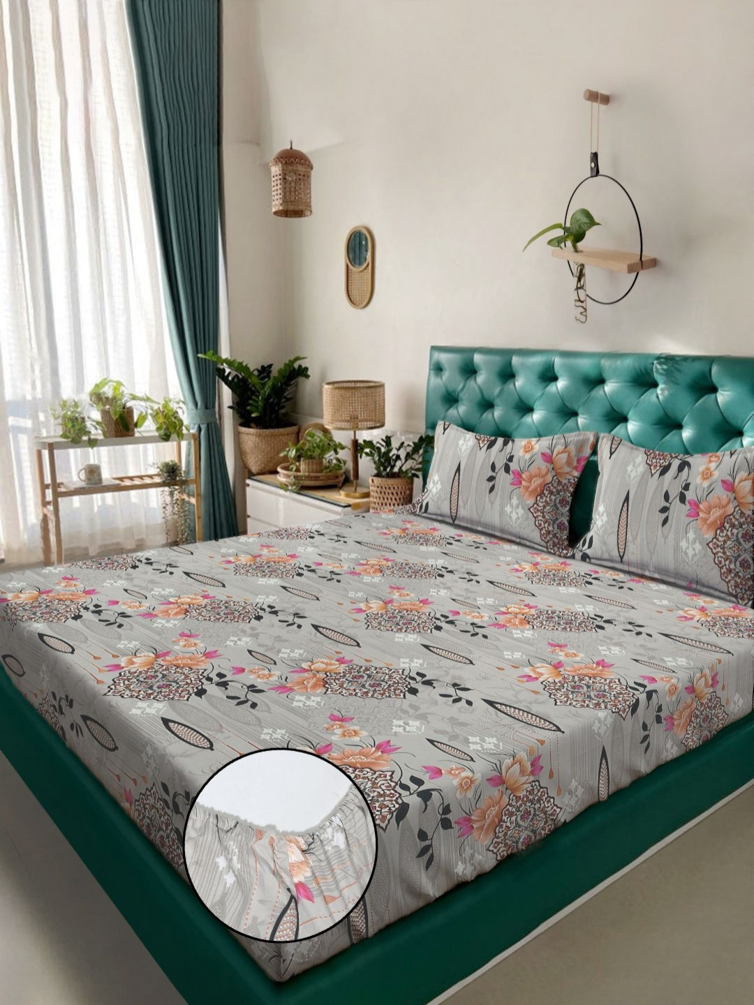 Aura Grey & Orange Colored Floral Printed 300 TC King Bedsheet Set 2.5 m x 2.25 m