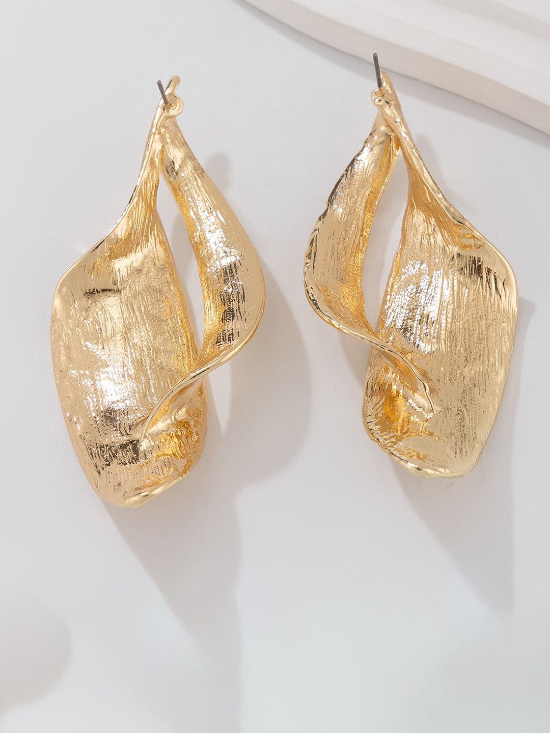KRYSTALZ Stainless Steel 18k Gold-Plated Twisted Leaf Shaped Drop Earrings