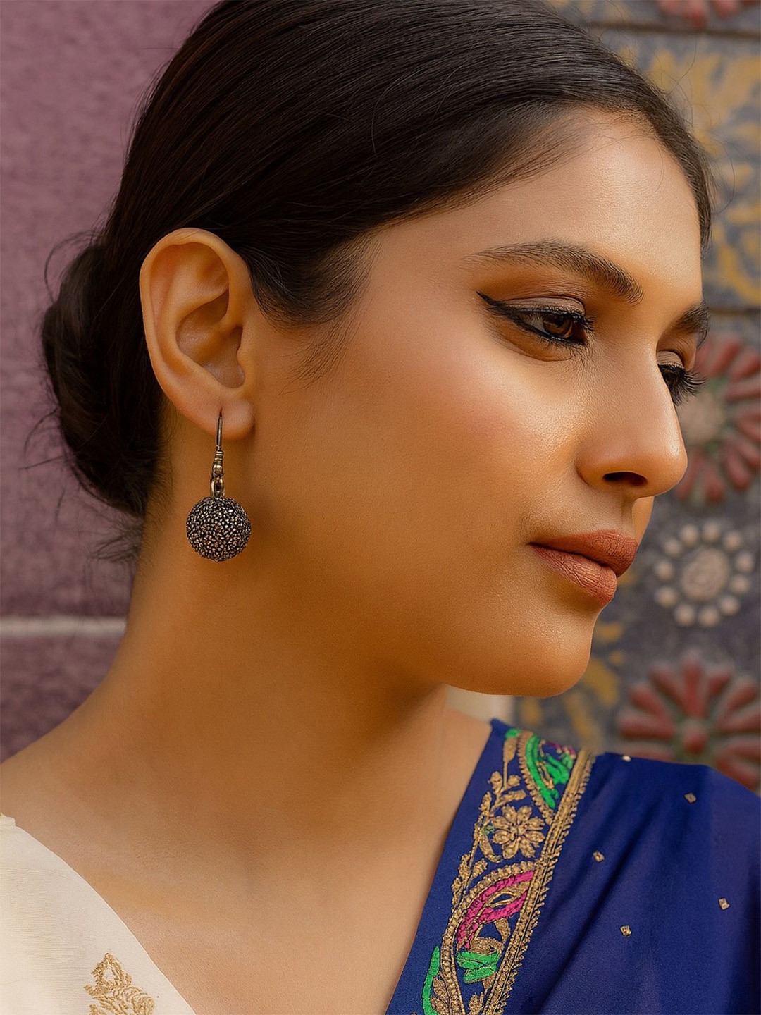 Digital Dress Room Silver-Plated Oxidised Ball Shaped Drop Earrings