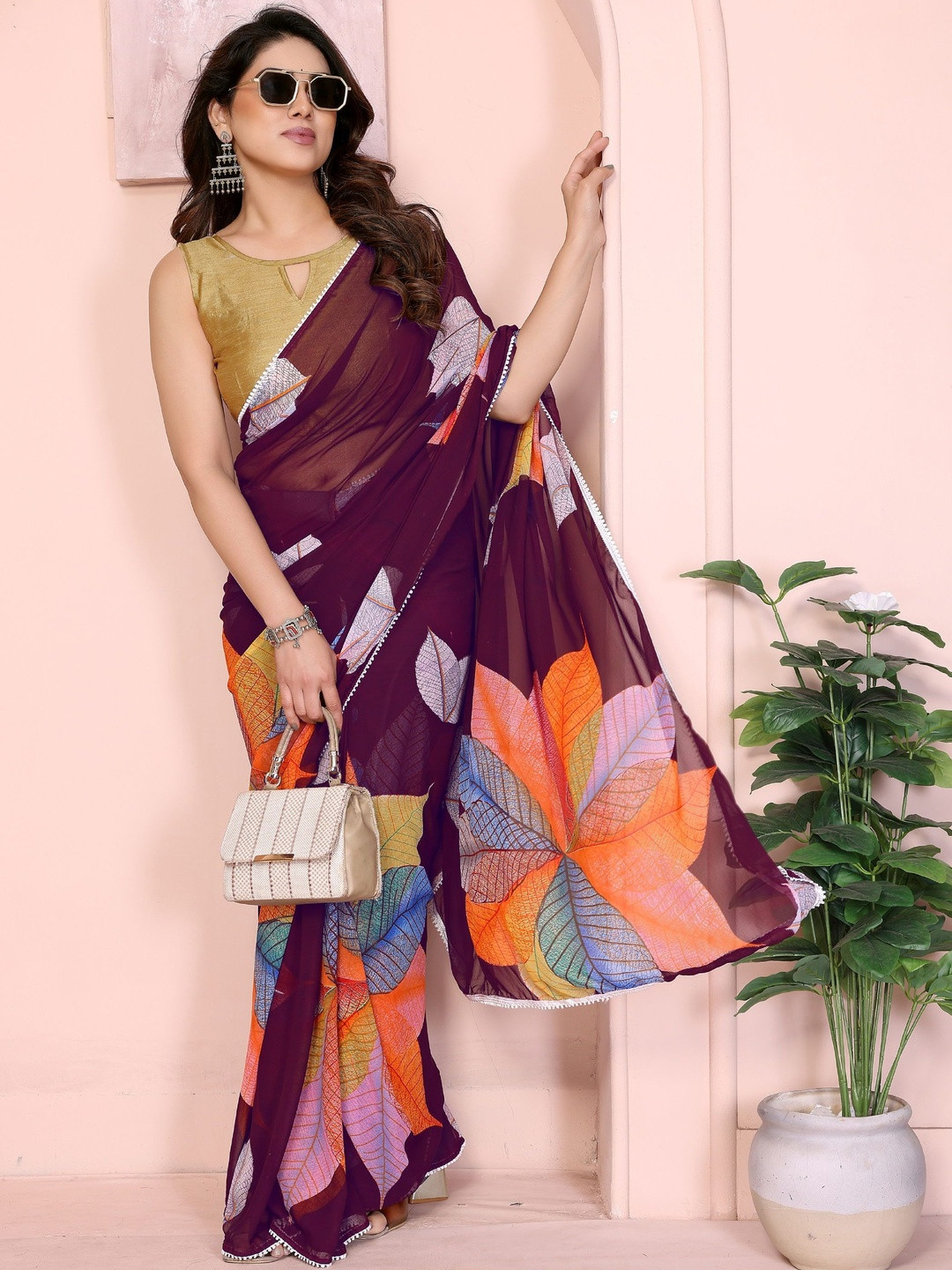 Mitera Women Floral Printed Ready TO wear Pre Pleated Poly Georgette Saree