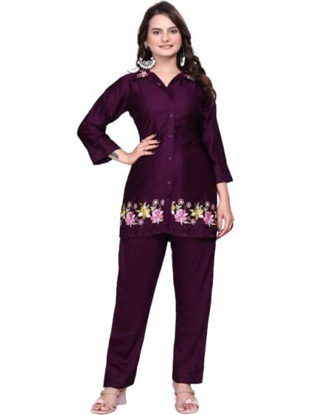 Garbista Women Wine Floral Embroidered Viscose Rayon Kurta Pant Set