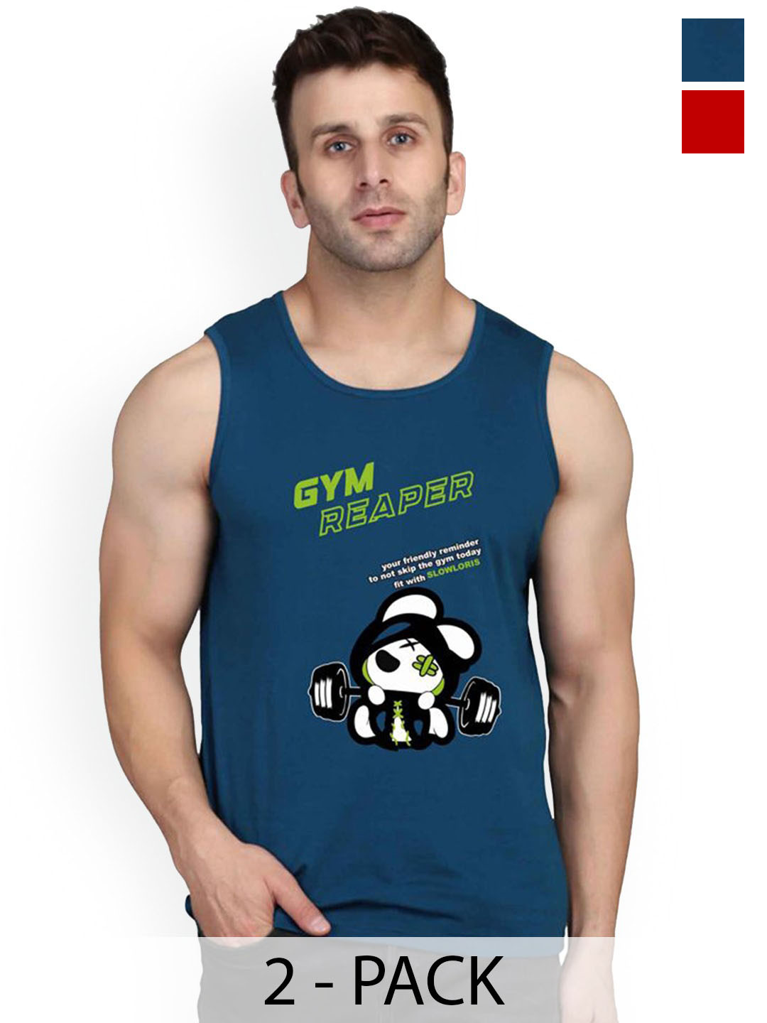 Slowloris Men Set Of 2 Red & Mustard Printed Cotton Sleeveless Innervest