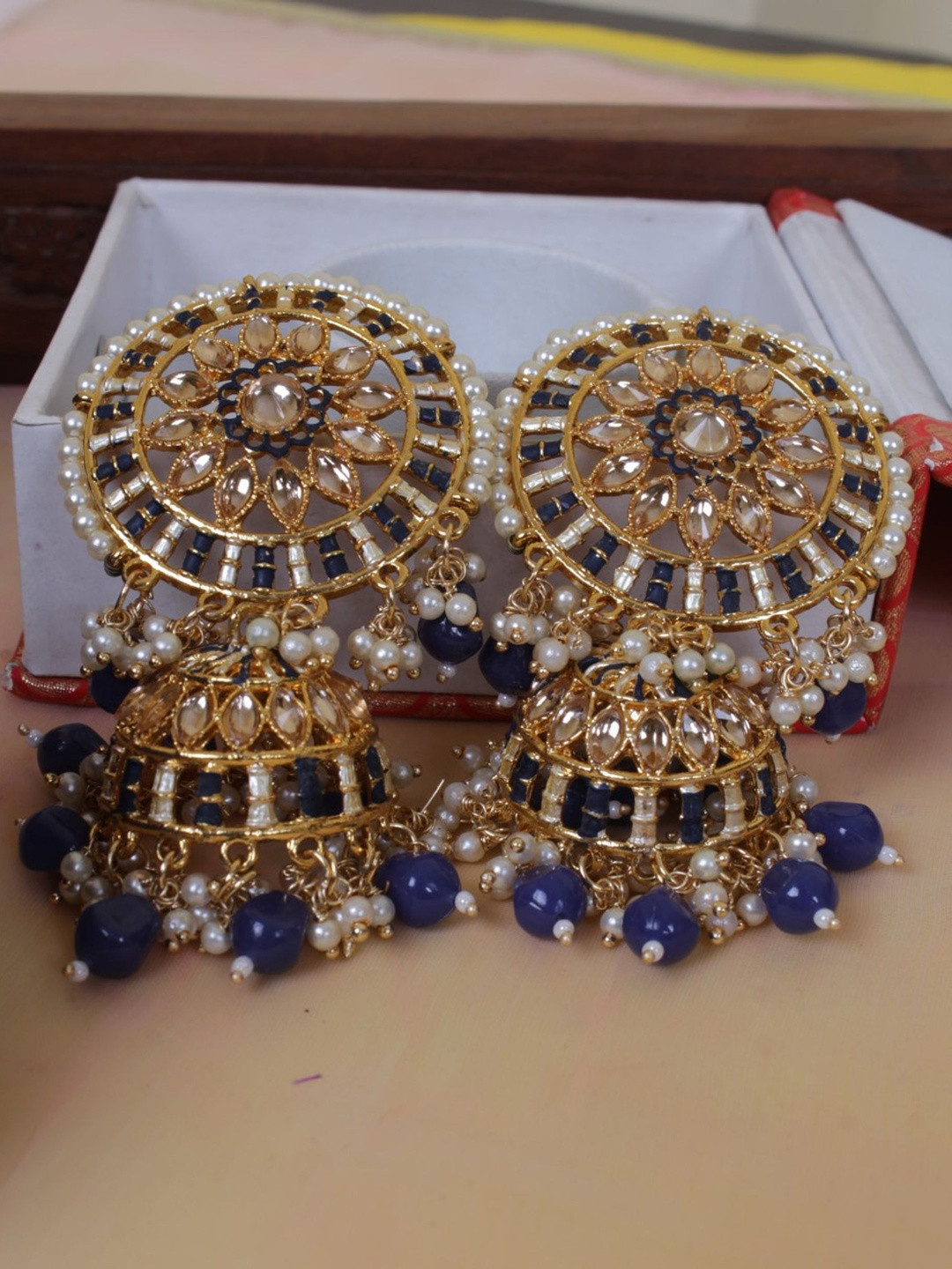 Ethnic Gold-Plated Kundan Jhumka Earrings with Pearl & Blue Accent