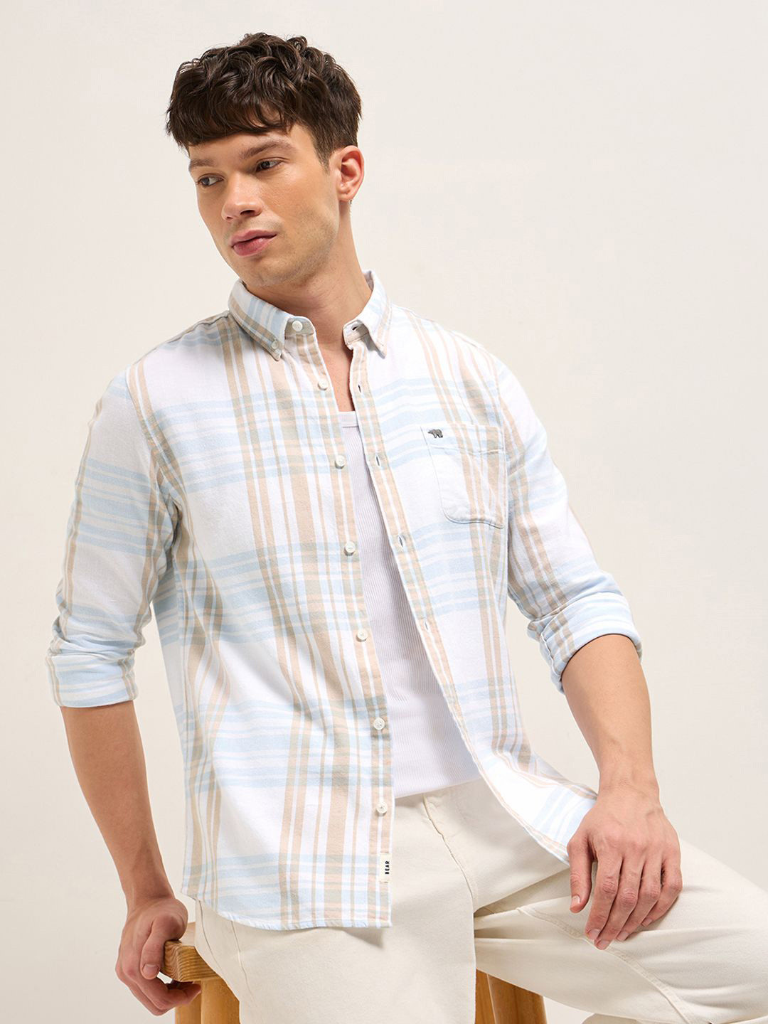 THE BEAR HOUSE Men Slim Fit Checked Button-Down Collar Pure Cotton Casual Shirt