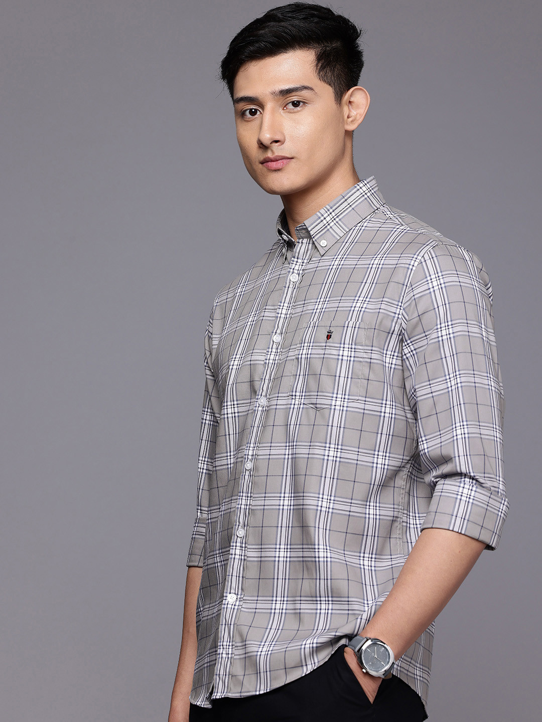 Louis Philippe Sport Nirvana Slim Fit Checked Button-Down Collar Pure Cotton Casual Shirt