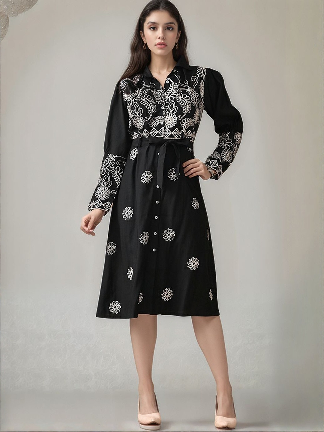 Roadster Women Black Embroidered Shirt Dress Trendy Full Sleeves