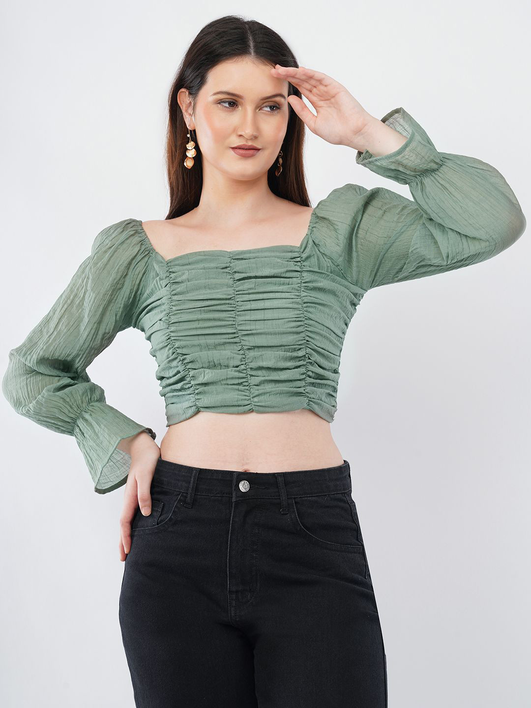 Deshi Girl Women Square Neck Full Sleeves Ruched Crop Top