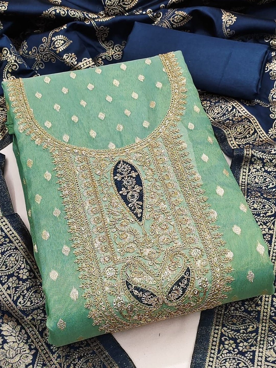 Sea Green Simmer Silk Jacquard With Codding Work Unstitched Dress Material