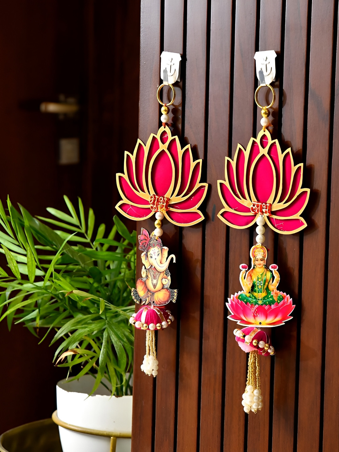 CraftVatika Pink & Yellow 2 Pieces Laxmi Ganesha Shubh Labh Lotus Latkan Torans
