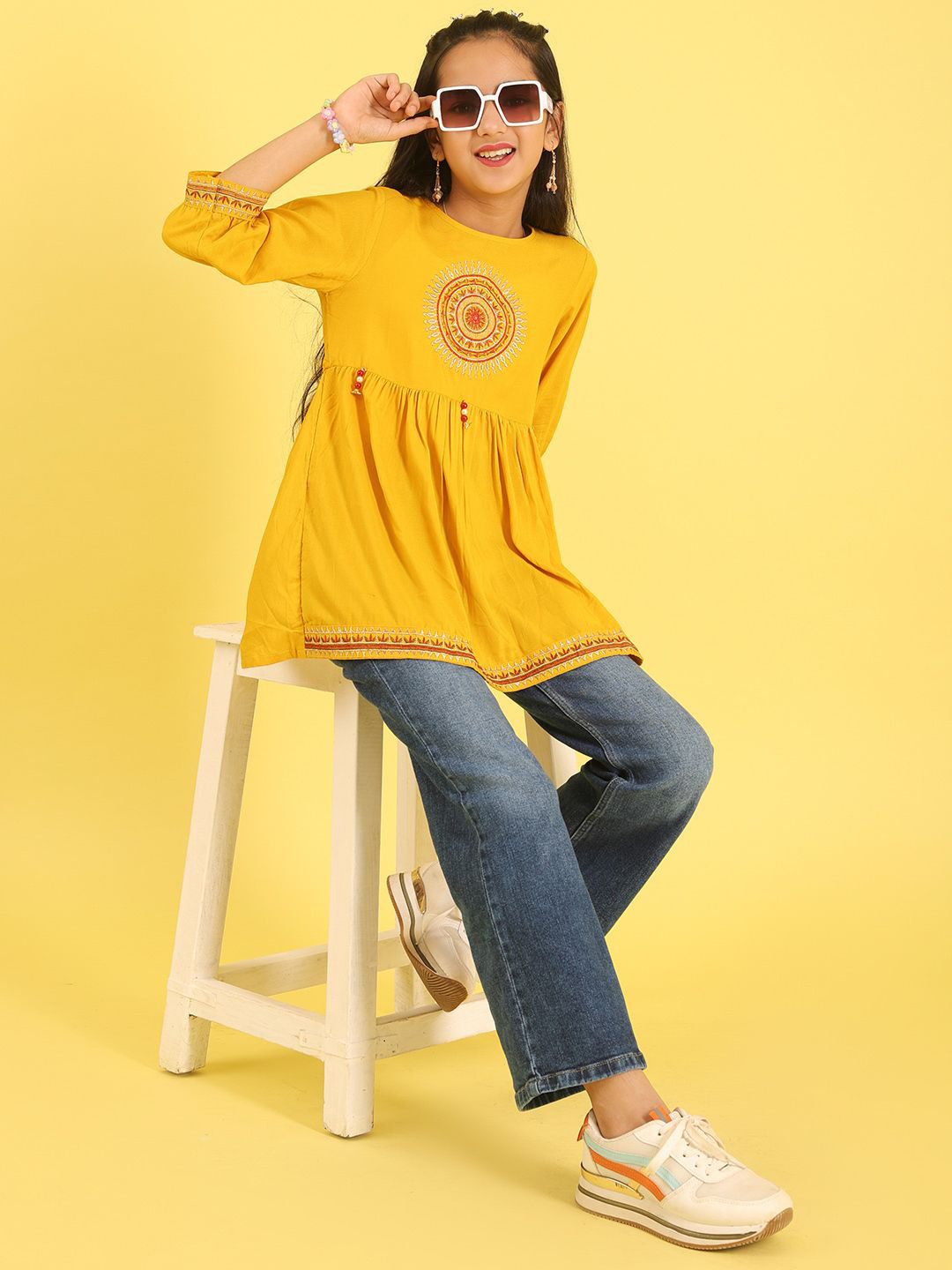 Miss & Chief Girls Embroidered Three Fourth Sleeves Top