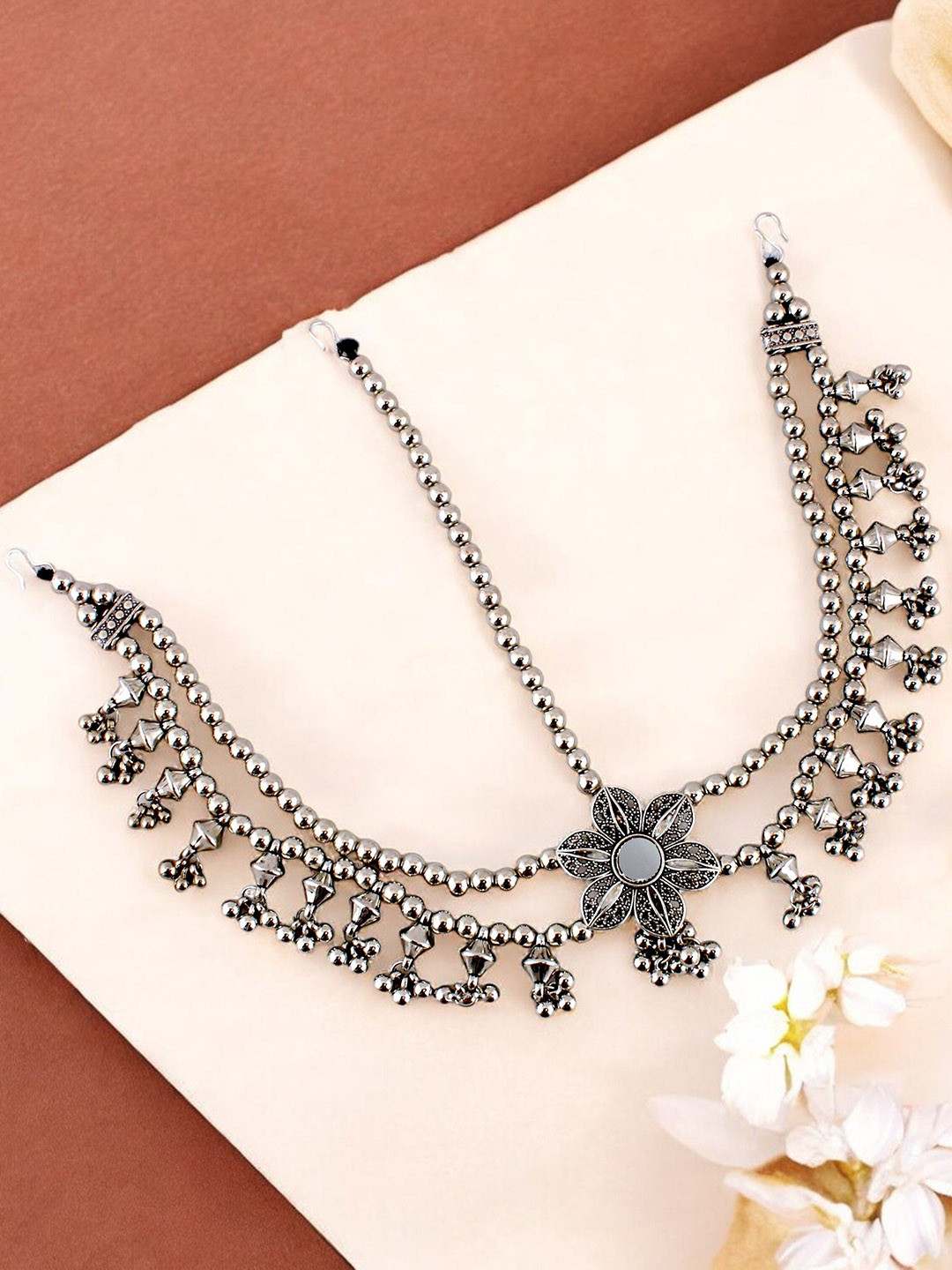 LUCKY JEWELLERY Silver-Plated Oxidised Matha Patti