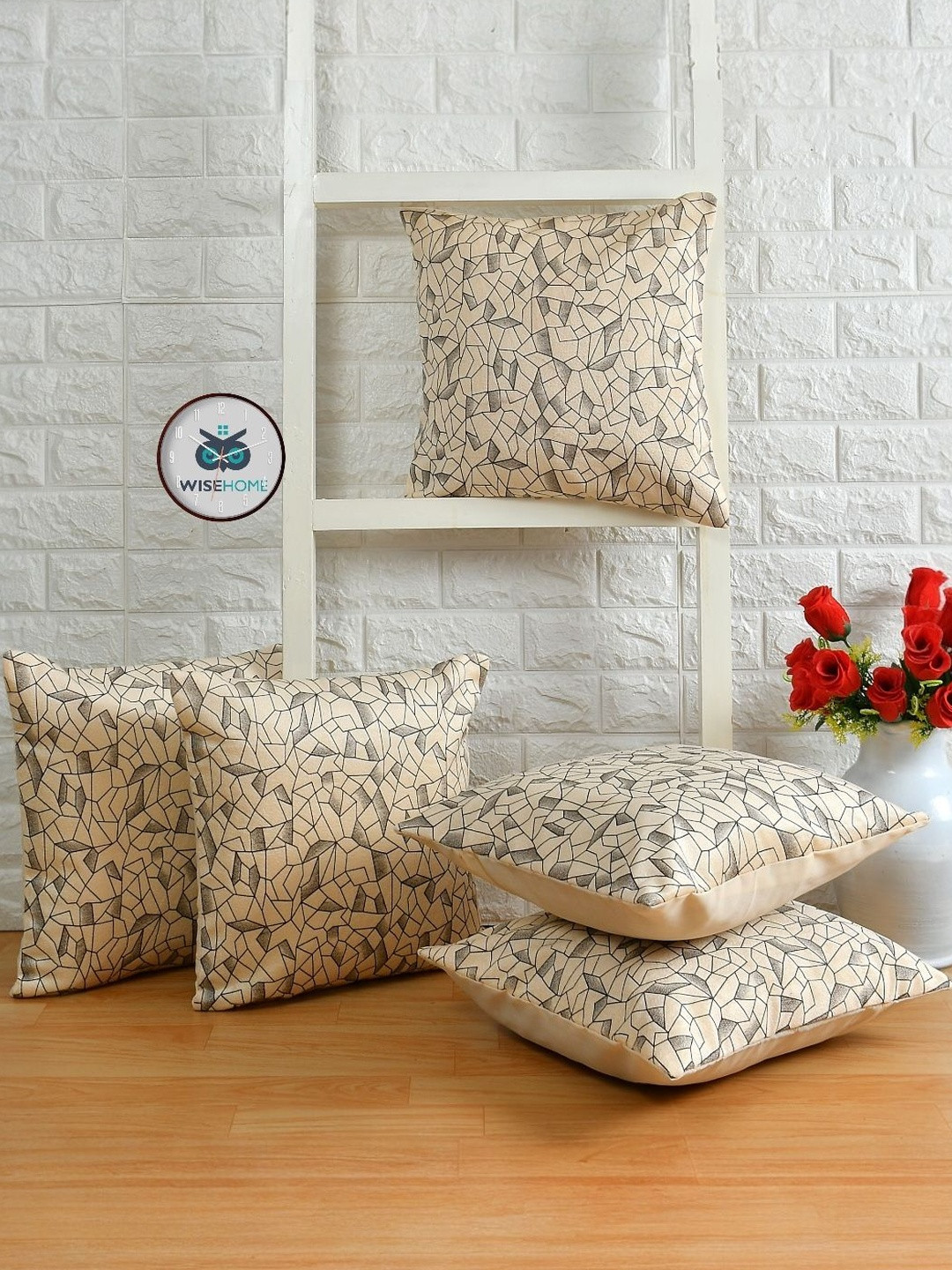 WISE HOME Suede Beige & Black Set of 5 Square Cushion Covers