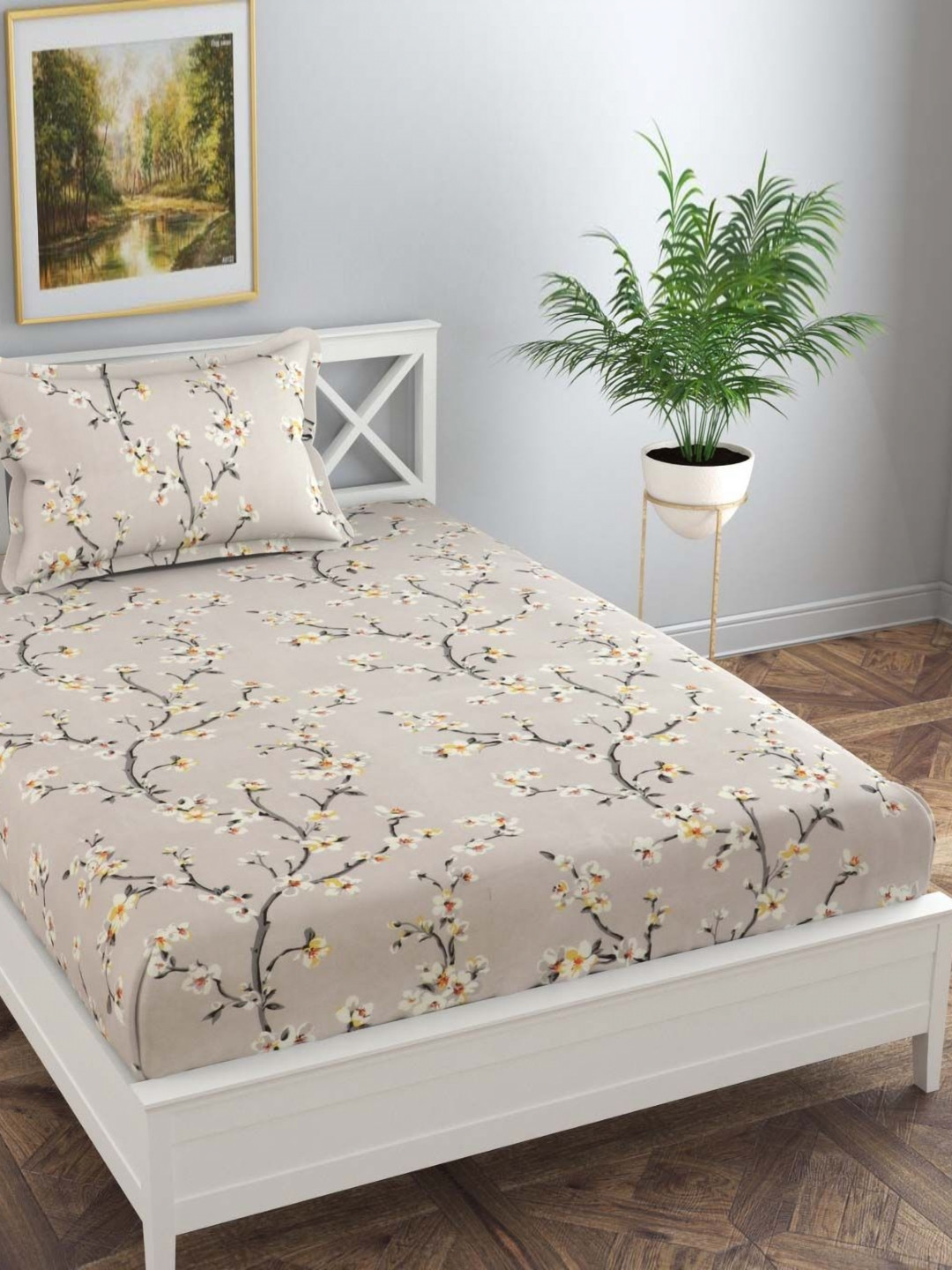 Florida Grey & Beige 130 TC Floral Printed Single Bedsheet - 1.55 m x 2.28 m