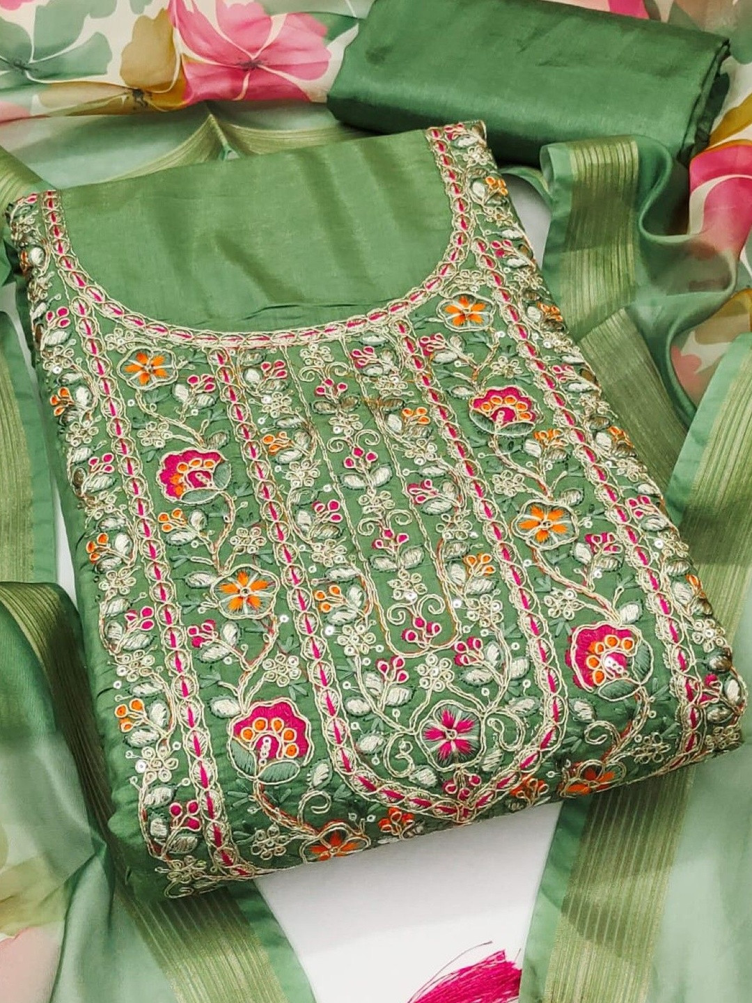 Green Chanderi Sequence Embroidery Work Unstitched Dress Material