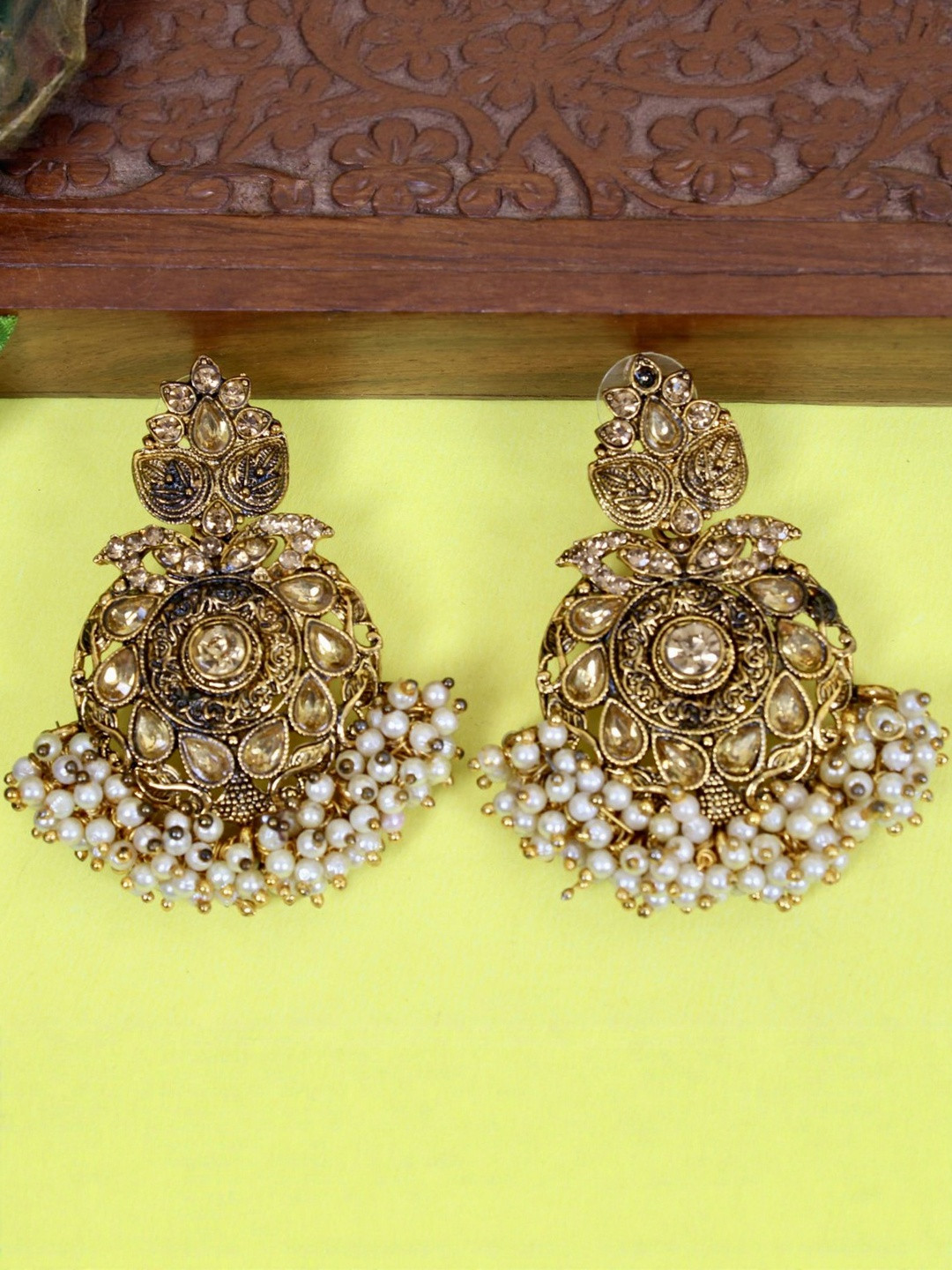 Gold-Plated Kundan Earrings with Pearl Clusters
