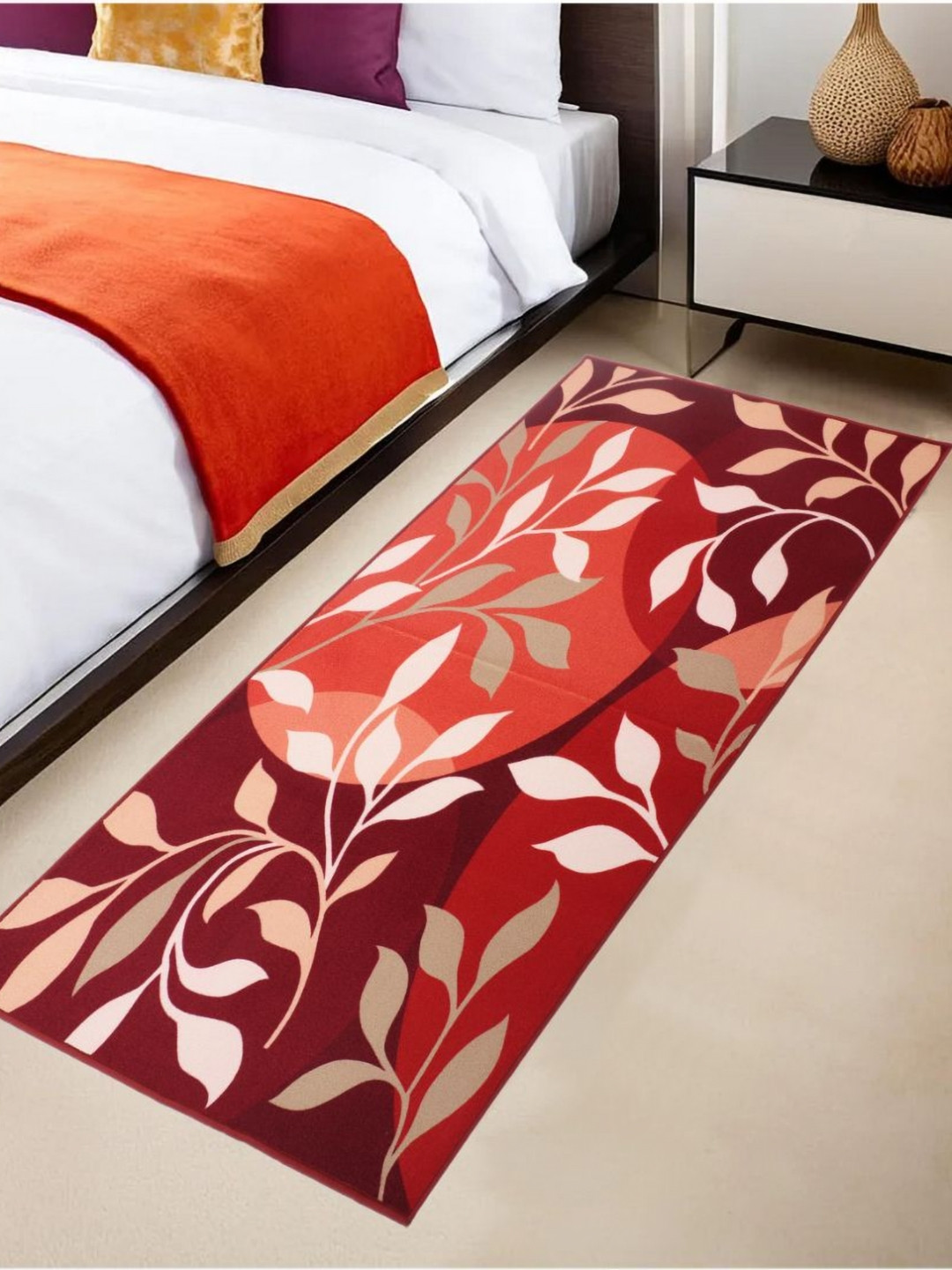 MODEFE Red & White Floral Printed Anti-Skid Loop Pile Floor Runner
