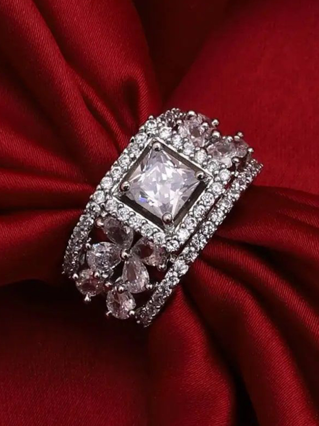 OPUS GEMS Silver-Plated American Diamond Studded Adjustable Finger Ring