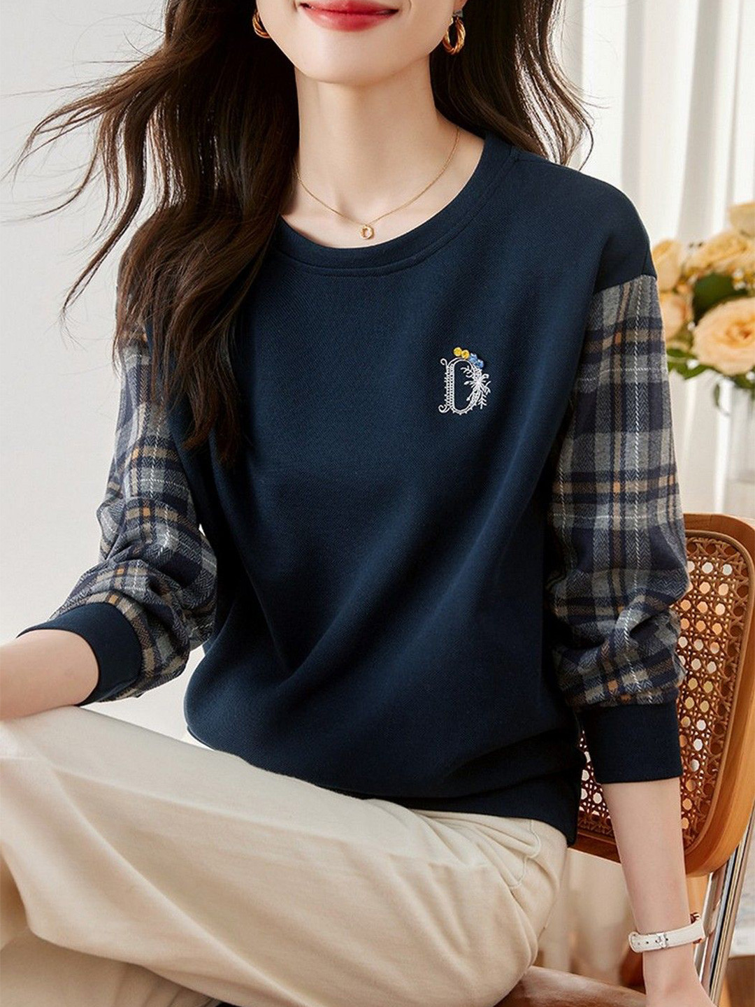 StyleCast Women Plaid Sleeves Sweatshirt