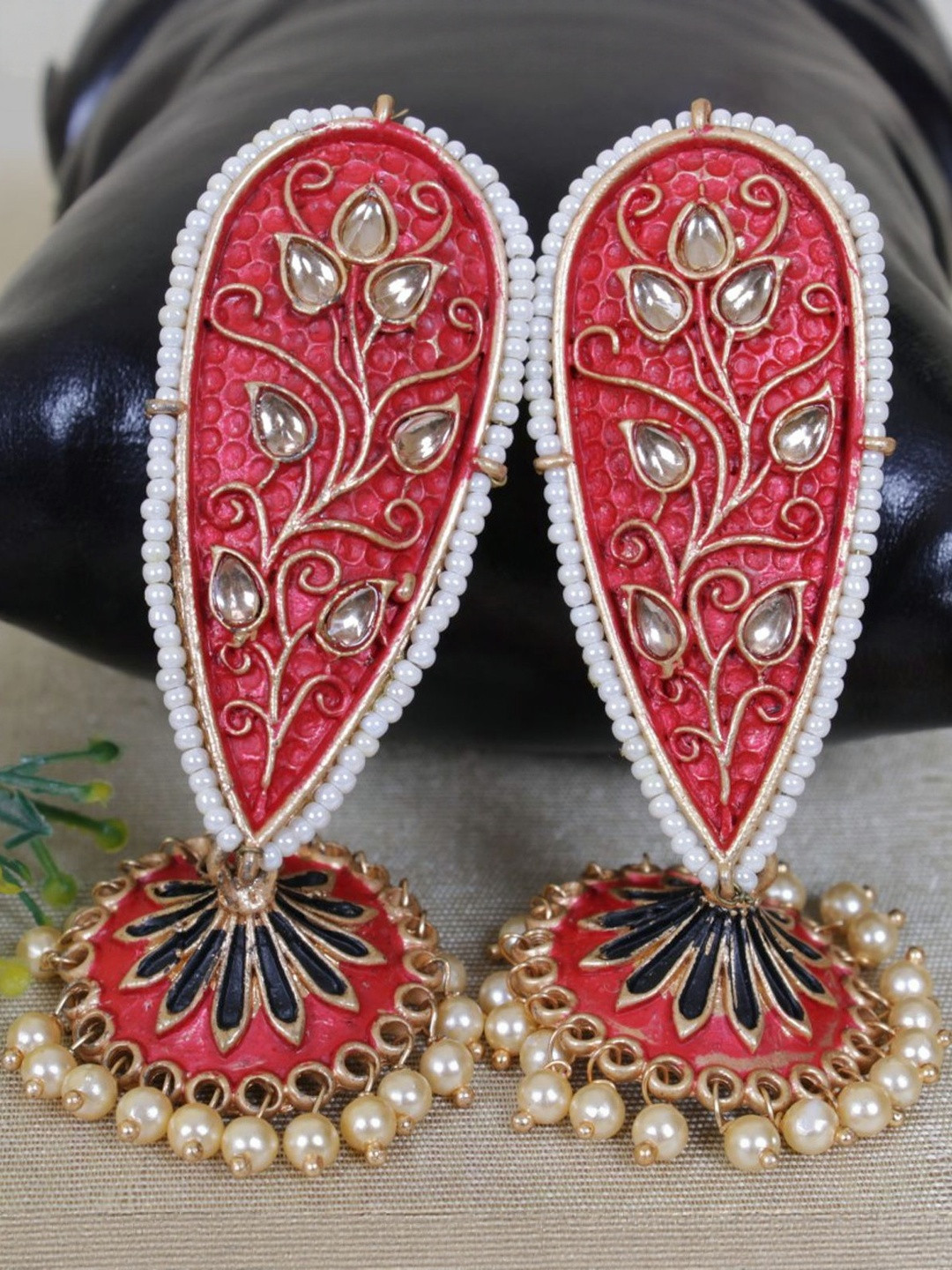 Red Meenakari Long Earrings with Kundan Stones & Pearl Border