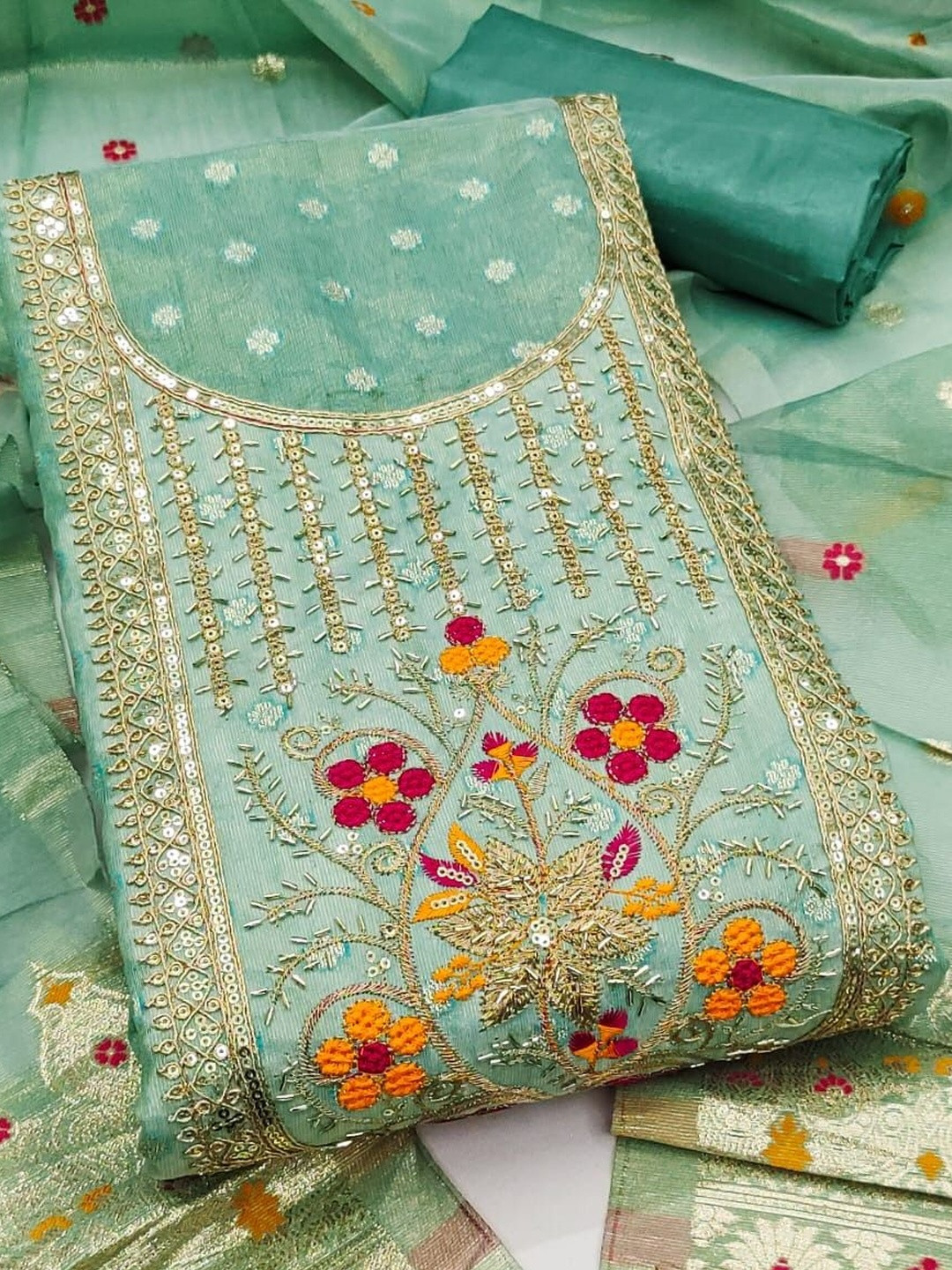 Sea Green Simmer Silk Jacquard With Codding Work Unstitched Dress Material